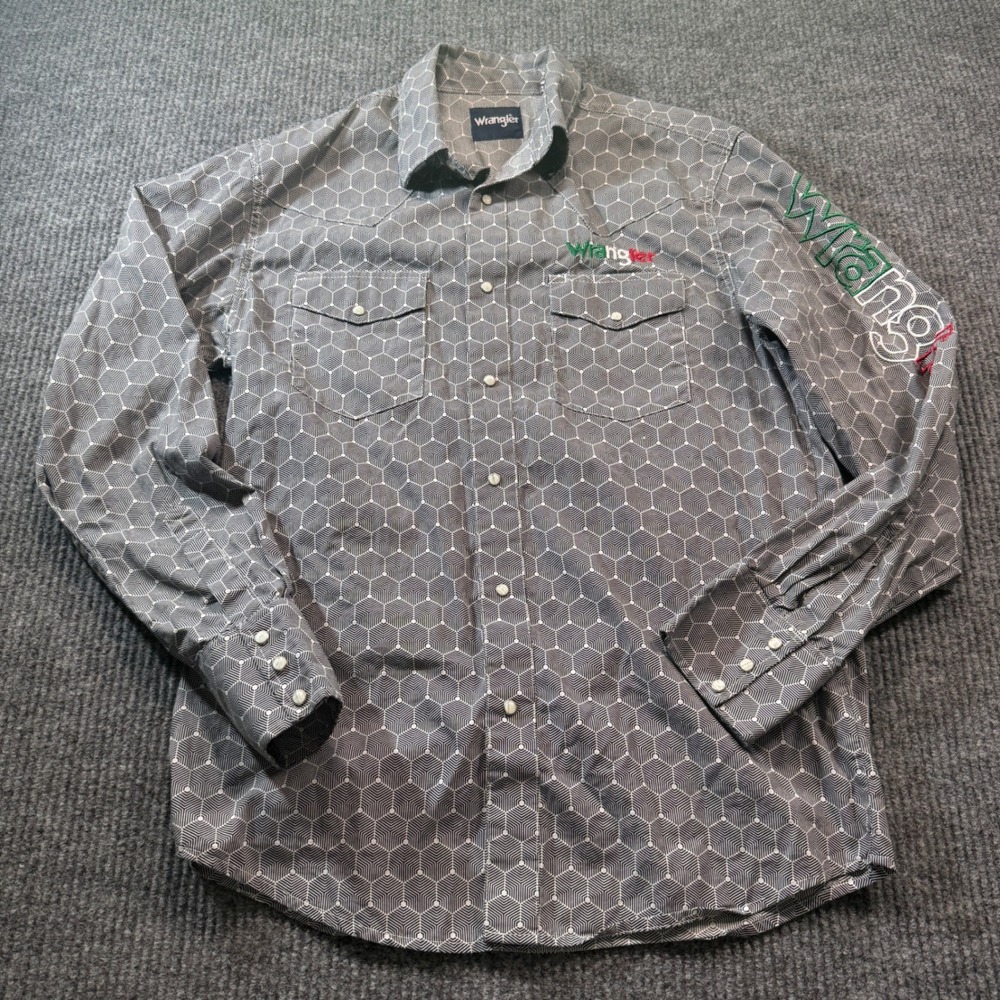 Wrangler Western Shirt Mens M Grey Geometric Pearl Snap Logo Embroidered Rodeo